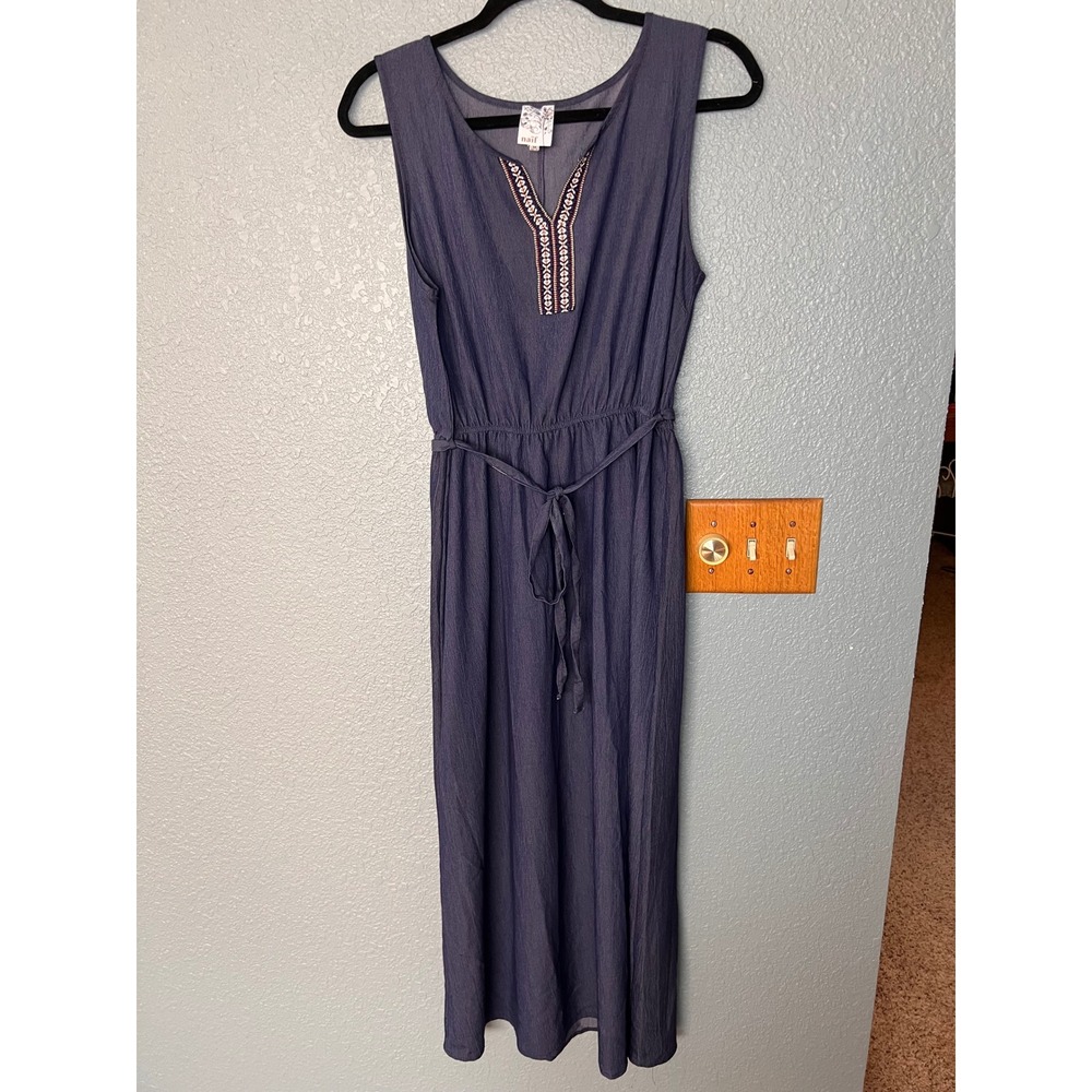 Naif Blue Embroidered Split Neck Sleeveless Maxi Dress with Tie Waist Size M